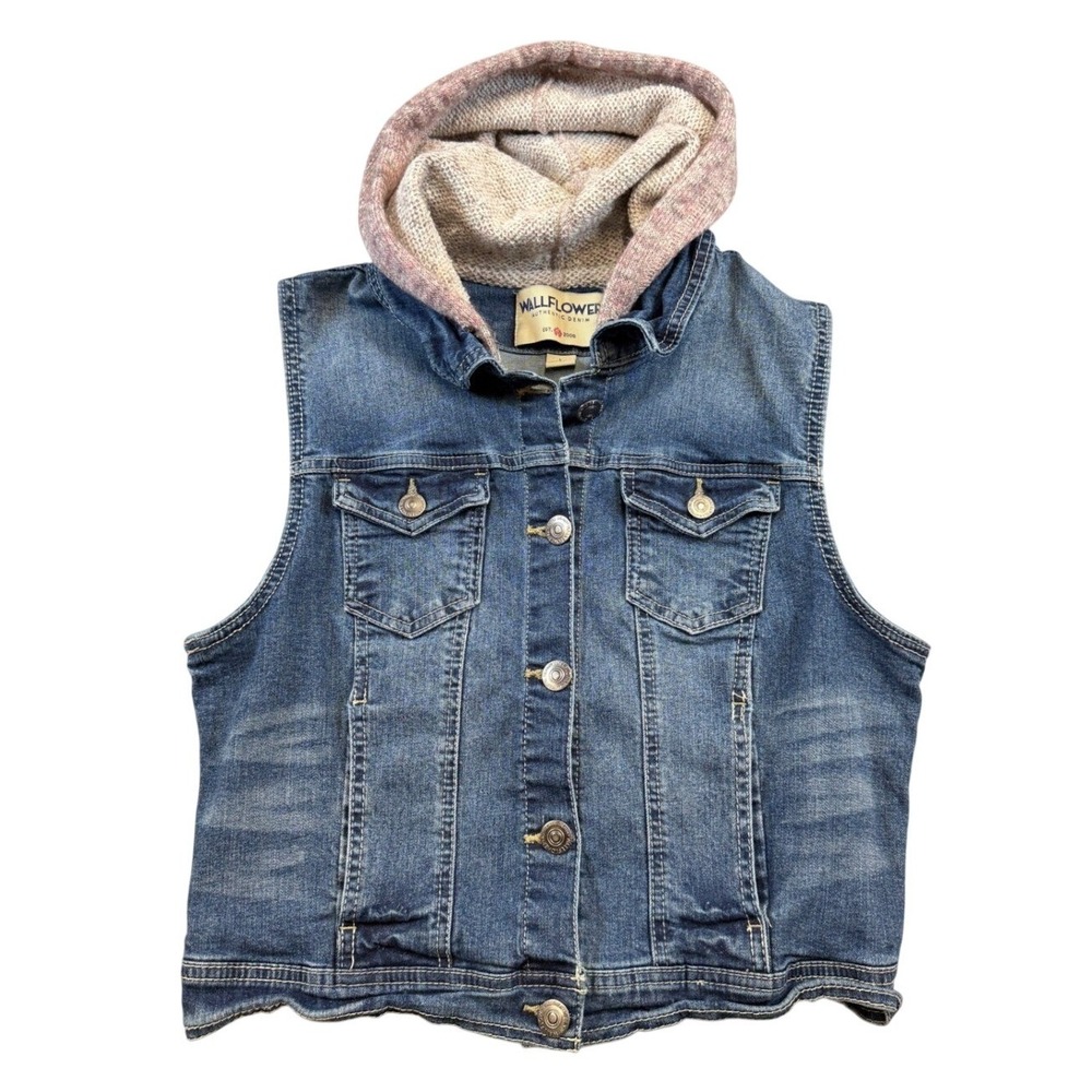 WallFlower Girls Blue Denim Hooded Vest Pink‎ Knit Hood Medium Wash Large L
